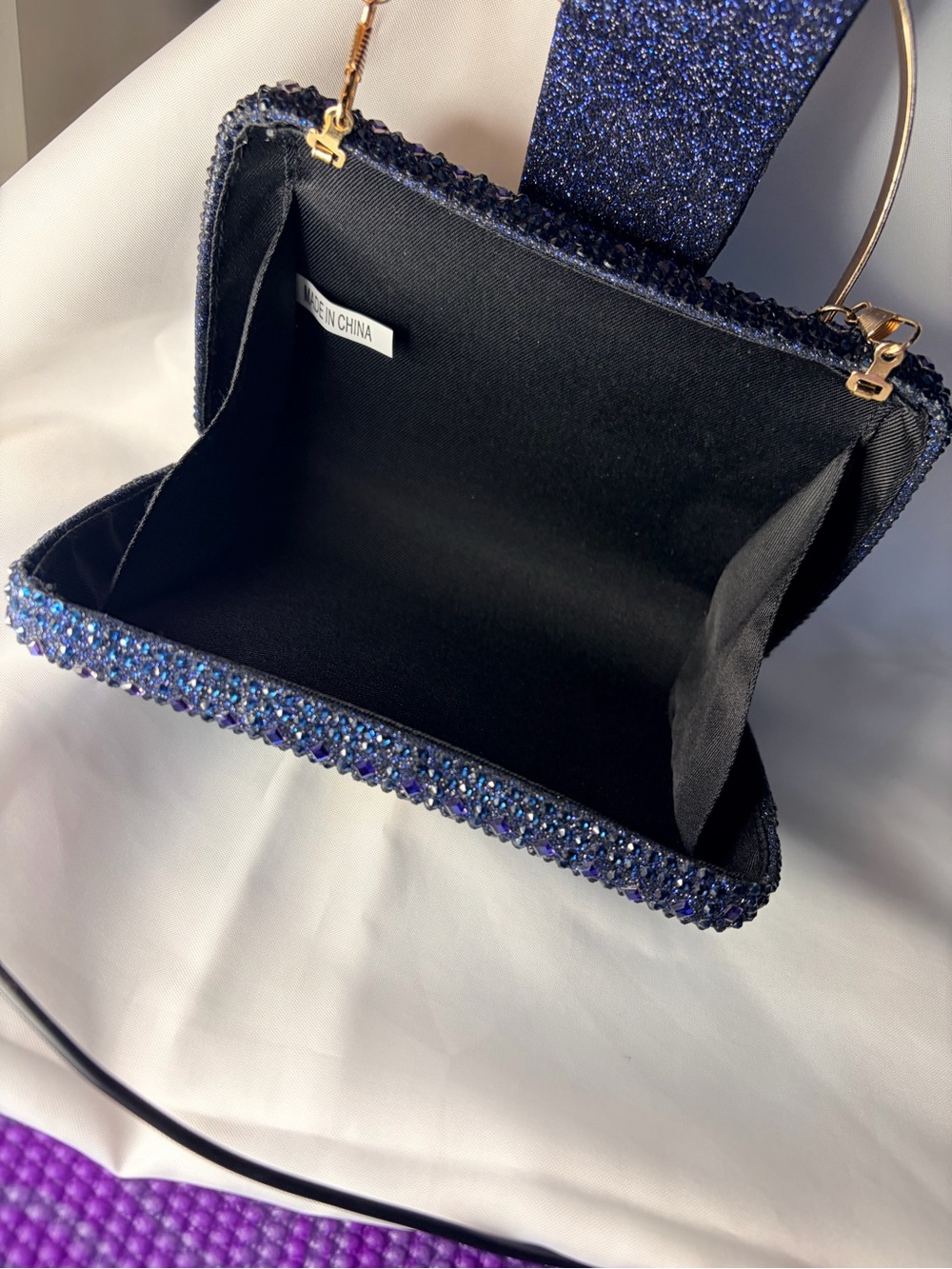Elegant Navy Crystal Evening Bag with Gold Accents - Picture 8 of 9